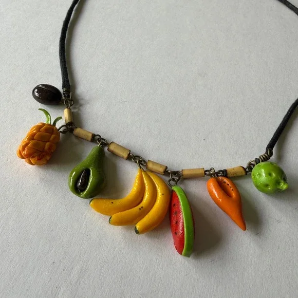 Handmade Tropical Fruit Charm Necklace Black Cord Artisan Boho 18 Inch - Picture 2 of 6